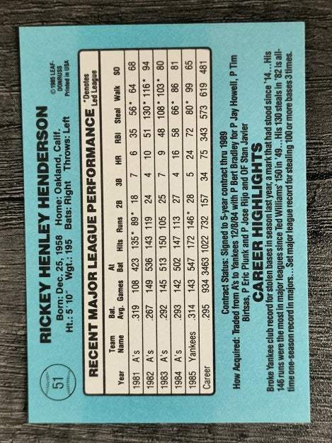 1986 Donruss #51 Rickey Henderson