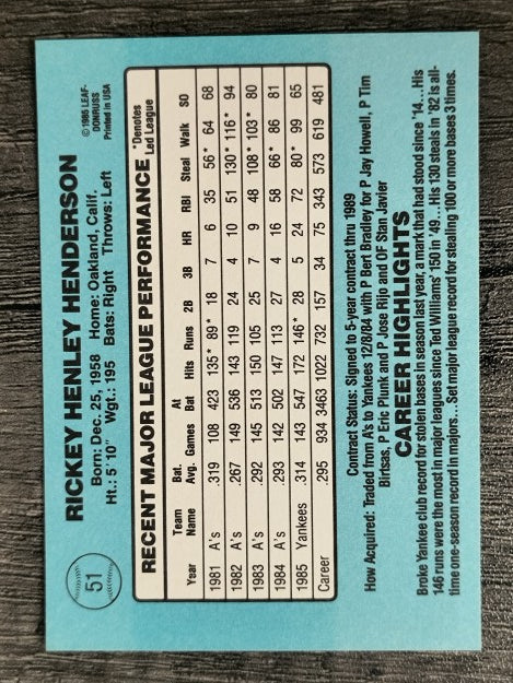 1986 Donruss #51 Rickey Henderson