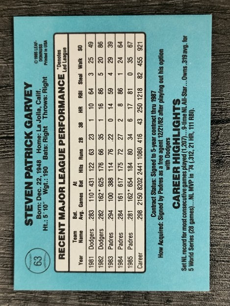 1986 Donruss #63 Steve Garvey