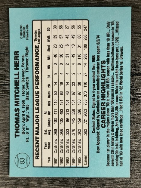 1986 Donruss #83 Tommy Herr