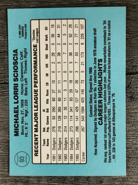 1986 Donruss #93 Mike Scioscia