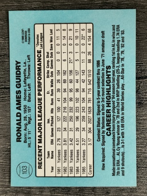 1986 Donruss #103 Ron Guidry