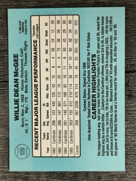 1986 Donruss #109 Willie McGee