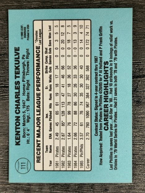 1986 Donruss #111 Kent Tekulve