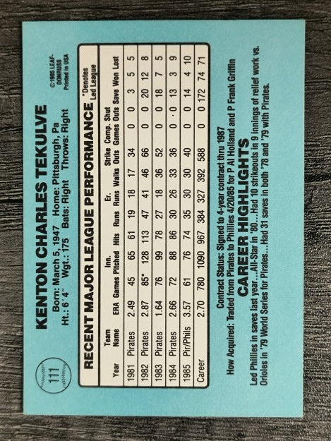 1986 Donruss #111 Kent Tekulve