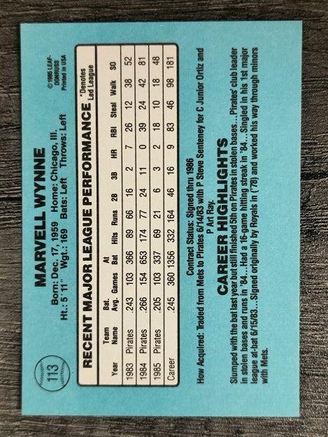 1986 Donruss #113 Marvell Wynne
