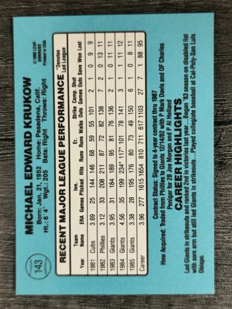1986 Donruss #143 Mike Krukow