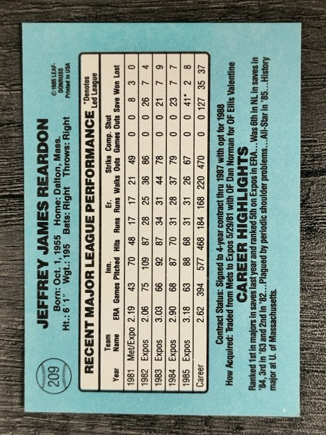 1986 Donruss #209 Jeff Reardon