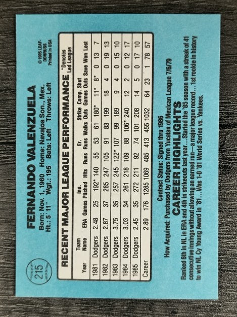 1986 Donruss #215 Fernando Valenzuela