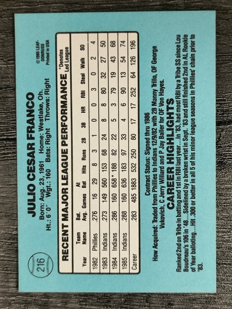1986 Donruss #216 Julio Franco