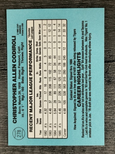 1986 Donruss #278 Chris Codiroli