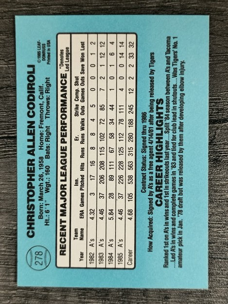 1986 Donruss #278 Chris Codiroli