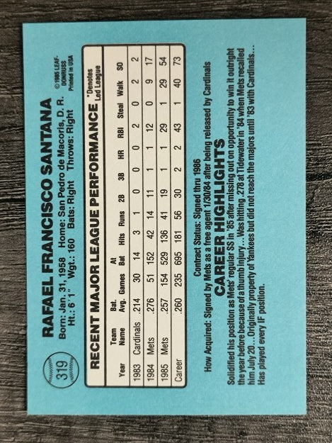 1986 Donruss #319 Rafael Santana