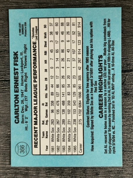 1986 Donruss #366 Carlton Fisk
