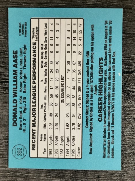 1986 Donruss #392 Don Aase