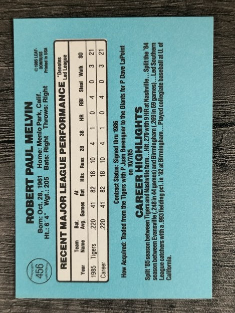 1986 Donruss #456 Bob Melvin