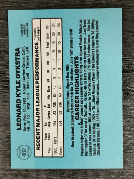 1986 Donruss #482 Len Dykstra RC