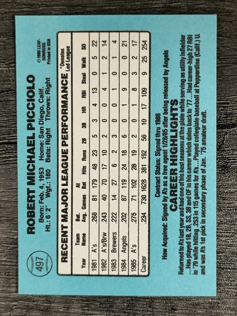 1986 Donruss #497 Rob Picciolo