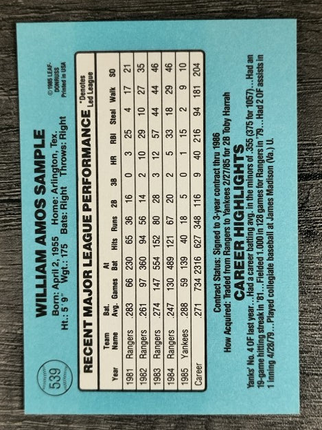 1986 Donruss #539 Billy Sample