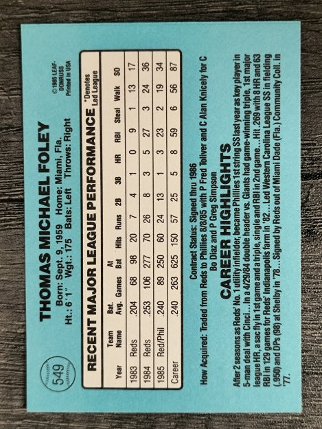 1986 Donruss #549 Tom Foley