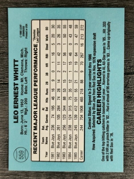 1986 Donruss #559 Ernie Whitt