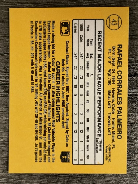 1987 Donruss #43 Rafael Palmeiro RC