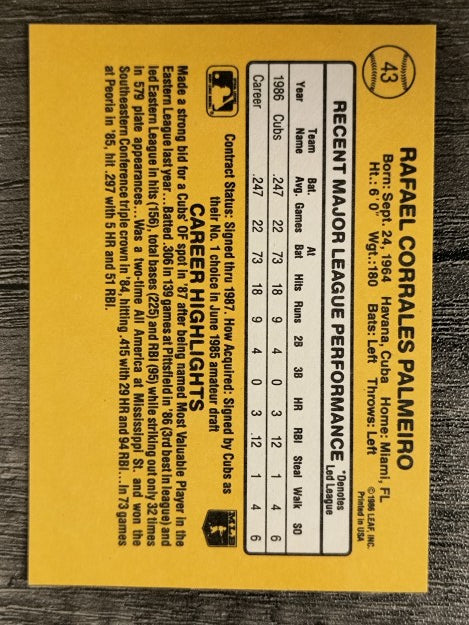 1987 Donruss #43 Rafael Palmeiro RC