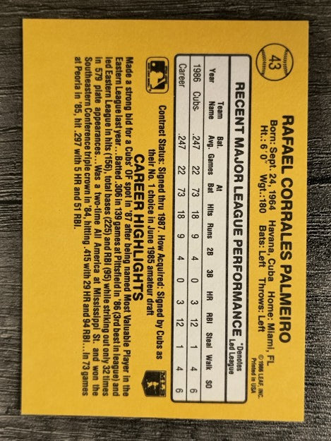 1987 Donruss #43 Rafael Palmeiro RC