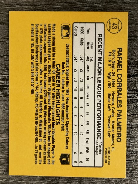 1987 Donruss #43 Rafael Palmeiro RC