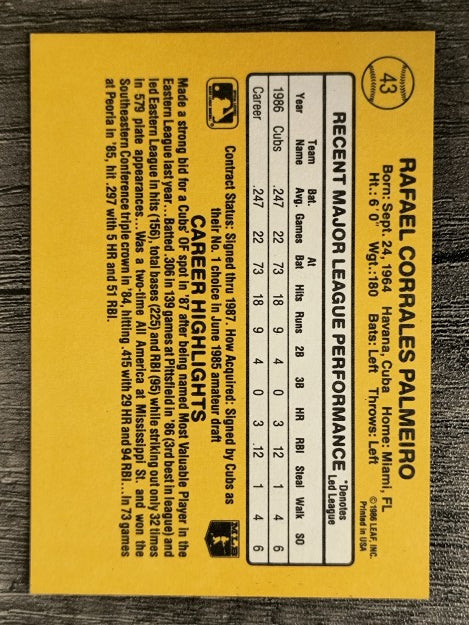 1987 Donruss #43 Rafael Palmeiro RC (NM)