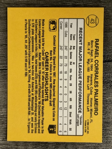 1987 Donruss #43 Rafael Palmeiro RC (NM)