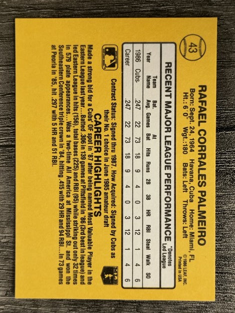 1987 Donruss #43 Rafael Palmeiro RC (NM)