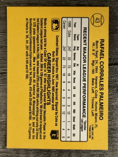 1987 Donruss #43 Rafael Palmeiro RC (EXMT)