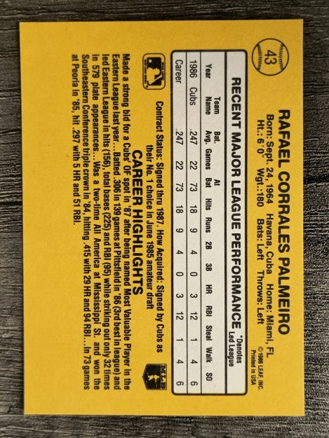 1987 Donruss #43 Rafael Palmeiro RC (EXMT)