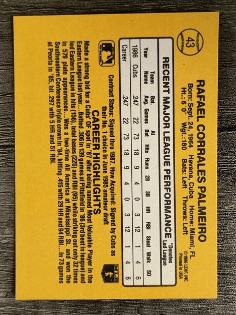 1987 Donruss #43 Rafael Palmeiro RC (EXMT)