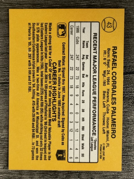 1987 Donruss #43 Rafael Palmeiro RC (EXMT)