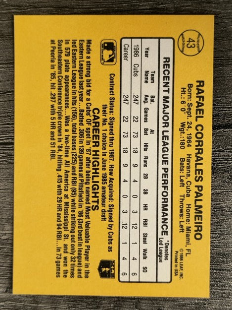 1987 Donruss #43 Rafael Palmeiro RC (EXMT)