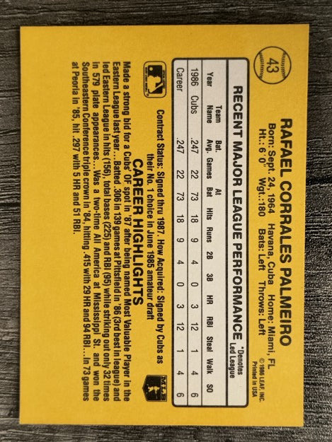 1987 Donruss #43 Rafael Palmeiro RC (EXMT)