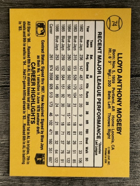 1987 Donruss #74 Lloyd Moseby