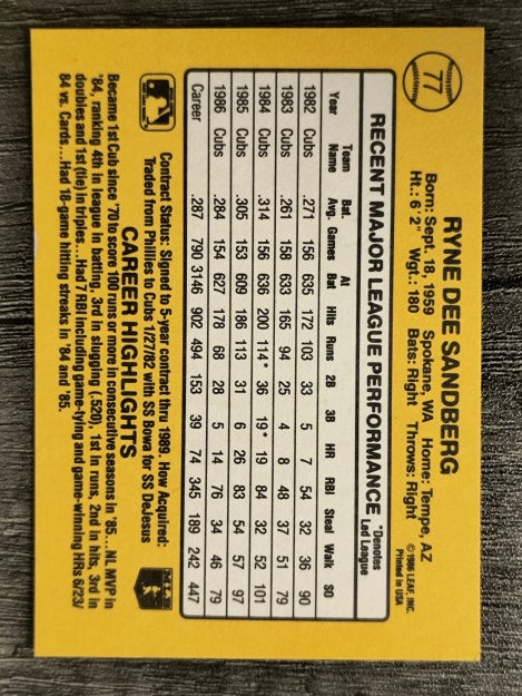 1987 Donruss #77 Ryne Sandberg