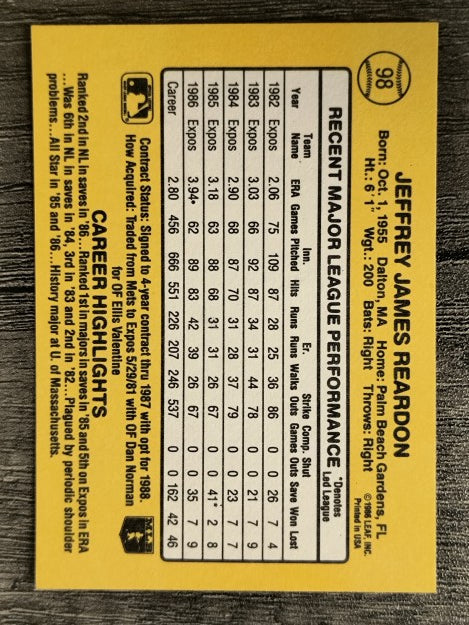 1987 Donruss #98 Jeff Reardon