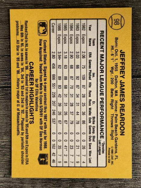1987 Donruss #98 Jeff Reardon