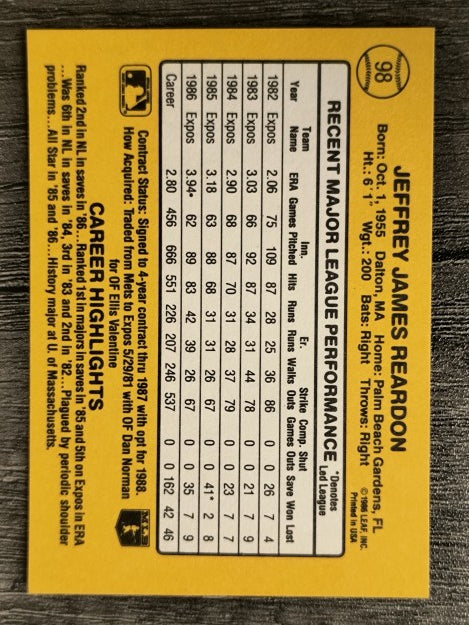 1987 Donruss #98 Jeff Reardon