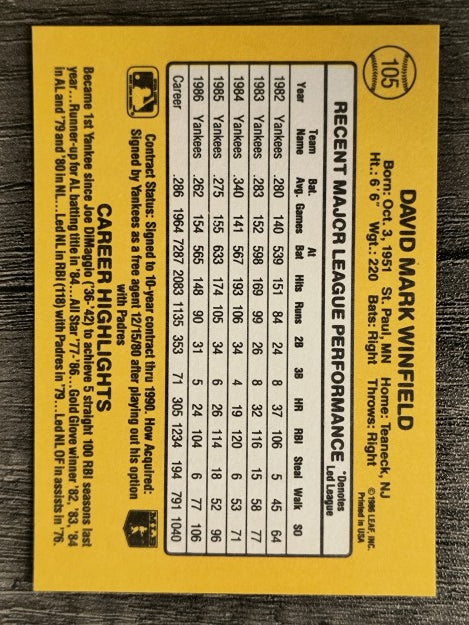 1987 Donruss #105 Dave Winfield