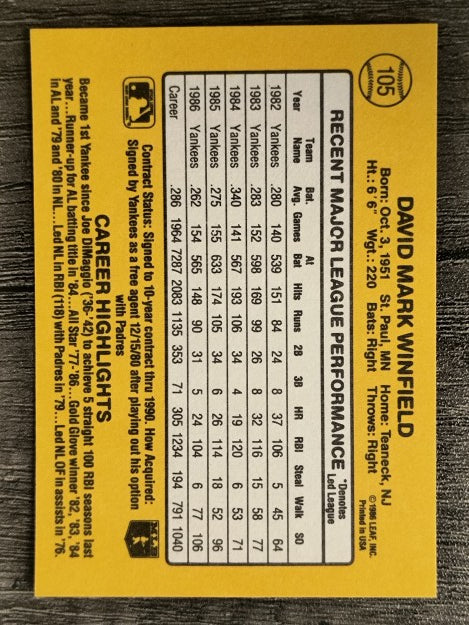 1987 Donruss #105 Dave Winfield