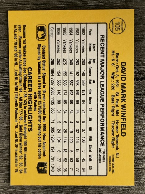 1987 Donruss #105 Dave Winfield