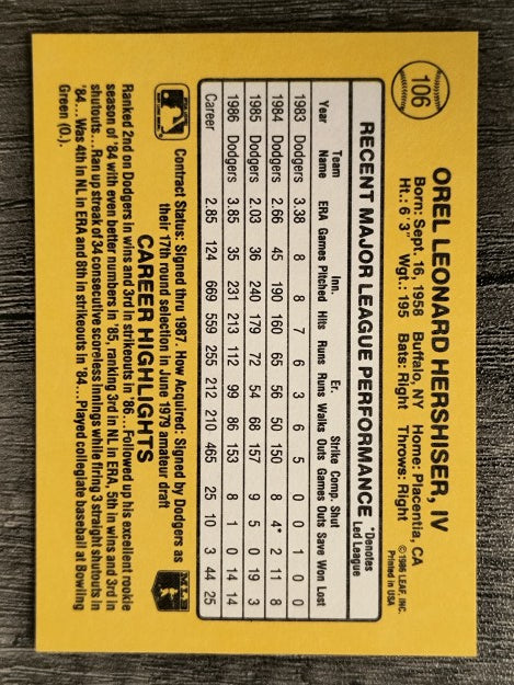 1987 Donruss #106 Orel Hershiser