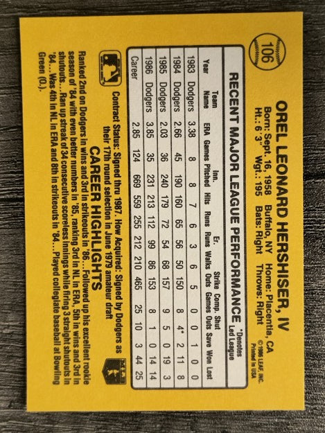 1987 Donruss #106 Orel Hershiser