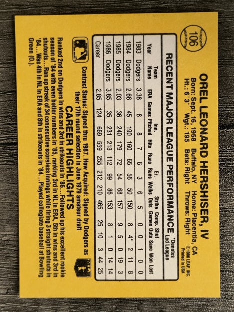 1987 Donruss #106 Orel Hershiser