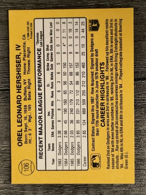 1987 Donruss #106 Orel Hershiser